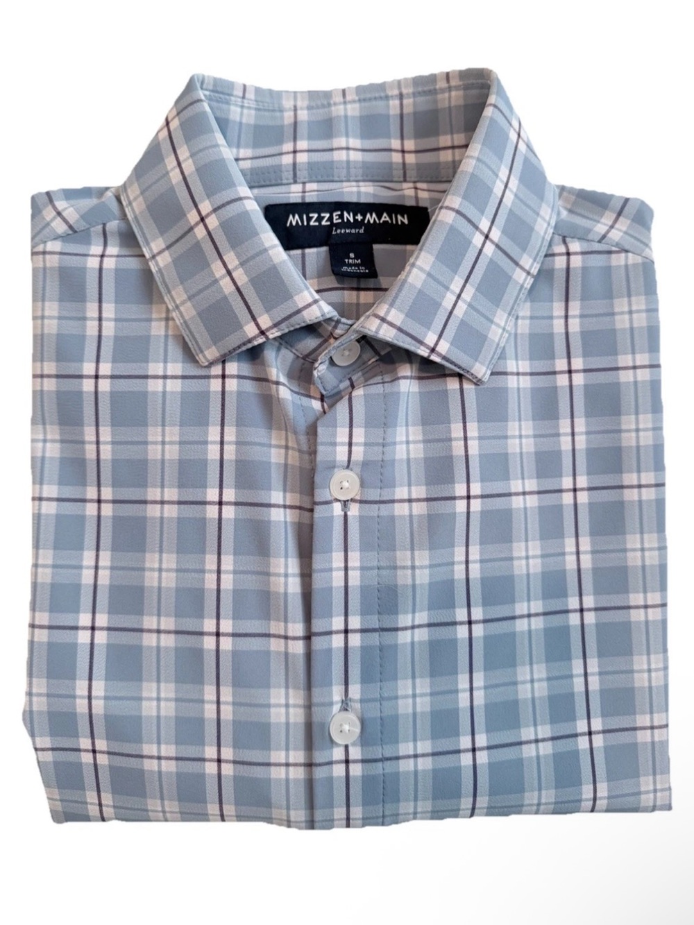 Mizzen + Main Light Blue Polyester Plaid Small Trim Fit Long Sleeve Shirt, EUC